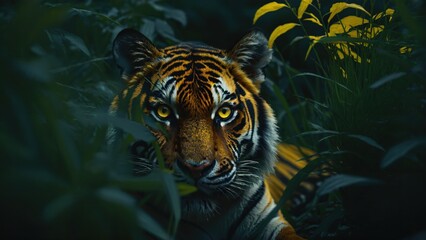 Generative AI, Majestic Tiger Stealthily Emerging from Dense Jungle Foliage Capturing the Essence of Wild Beauty and Raw Power