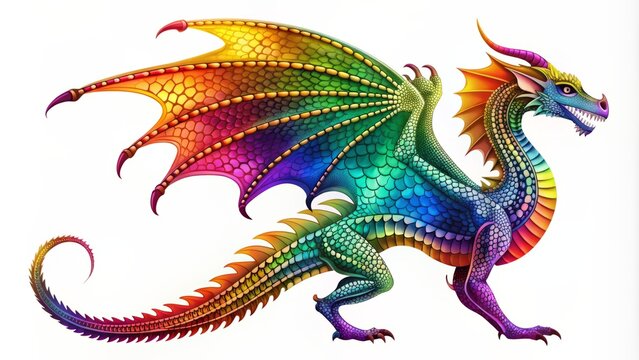 Vibrant, playful, isolated dragon silhouette with intricate scales and wings, set against a crisp, clean, pure white background.