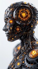 Fototapeta premium Futuristic artificial intelligence concept with a humanoid figure composed of intricate mechanical parts and illuminated circuits.