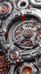 Intricate close-up of mechanical gears and cogs with glowing red lights, showcasing detailed engineering and industrial design elements.