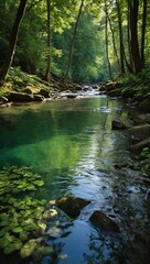 A picturesque stream in the forest, its water a mesmerizing shade of green, surrounded by nature's beauty