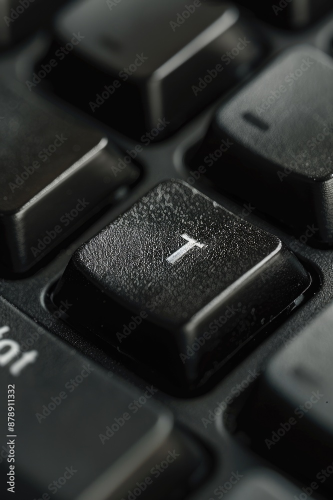 Poster a detailed view of a computer keyboard with a black key highlighted
