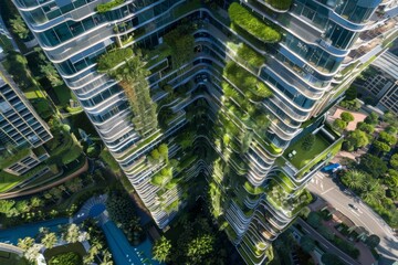 Obraz premium High-rise building with futuristic design, glass facades, smart technologies, green terraces