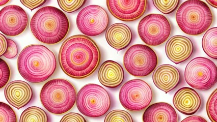 Vibrant pink and gold beetroot slices form a mesmerizing seamless pattern on a clean white background with subtle texture.