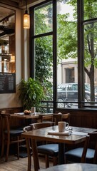 restaurant with chic tables and chairs set against expansive windows