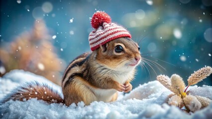 Fototapeta premium Adorable chipmunk bundled up in festive winter attire, complete with snow-covered hat and sweater, frolics in winter wonderland scenario.