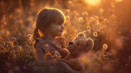 Smiling little girl with teddy bear in a sunlit meadow, golden hour, magical childhood moment with copy space