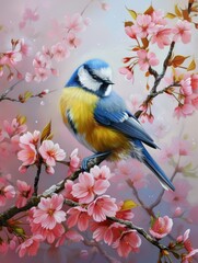 Fototapeta premium A blue tit bird with yellow breast sits on a branch of blooming pink cherry blossoms