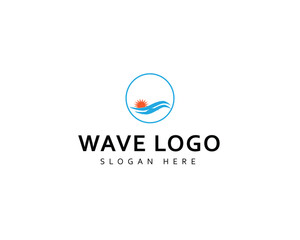 Waves and sun shining logo in oval frame in minimalistic mono line design style