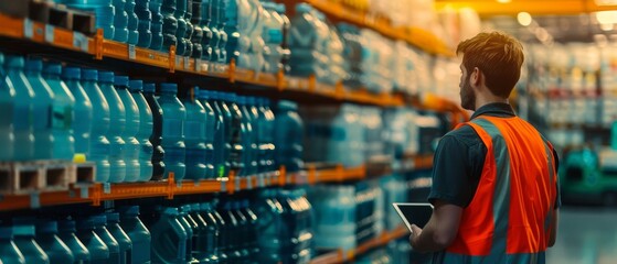Warehouse worker in a safety vest using a digital tablet to manage inventory in a large industrial storage facility with stacked shelves.