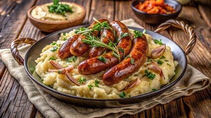 Fototapeta premium Appetizing arrangement of savory sausages atop crispy fried onions and creamy mashed potatoes on a rustic wooden table surface.