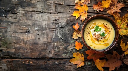 Concept of fall food with cream soup bowl on rustic backdrop with space for text