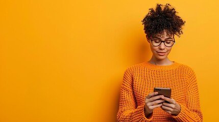 Woman in an orange sweater uses smartphone against matching background, showing digital lifestyle and modern technology.