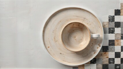 Generative AI, Minimalist Ceramic Cup and Saucer on Checkerboard Surface