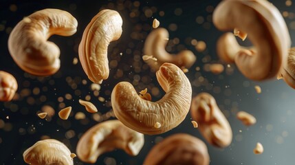 A handful of cashew nuts suspended in mid-air, captured in a split second