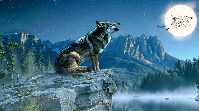 Wolf howling at night. Seamless looping time-lapse 4k video animation background