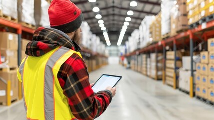 Obraz premium Worker in a warehouse wearing a safety vest and holding a tablet, conducting inventory check among shelves stocked with boxes.