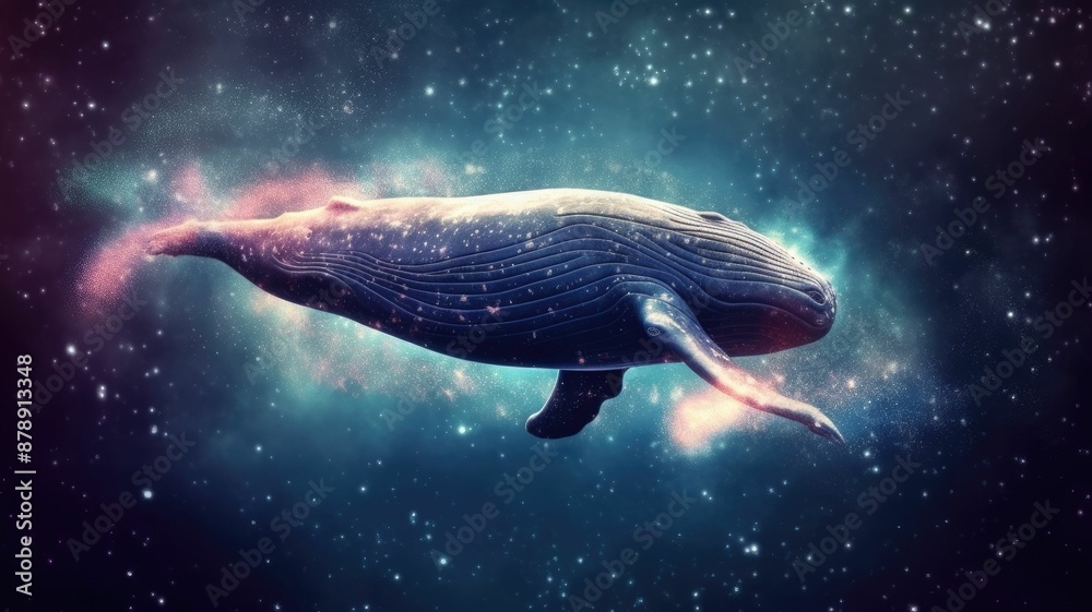 Wall mural surreal art design of a whale floating in space with a cosmic background and starry sky. digital art