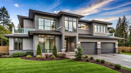 A grand, modern, two-story residential home with a sleek, gray and white facade, featuring large windows and a manicured lawn.