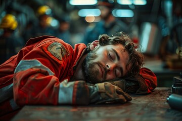 Obraz premium Construction miner having a break naps ,sleep during lunch time after working 12 HRS night shift in last 2 weeks and doing day shift change 