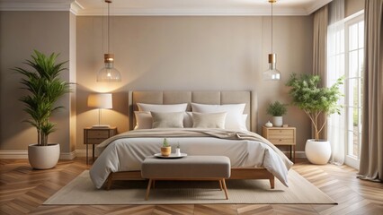 Serene bedroom setting with calming beige walls, plush white duvet, and minimalist decor creates a peaceful atmosphere for relaxation.
