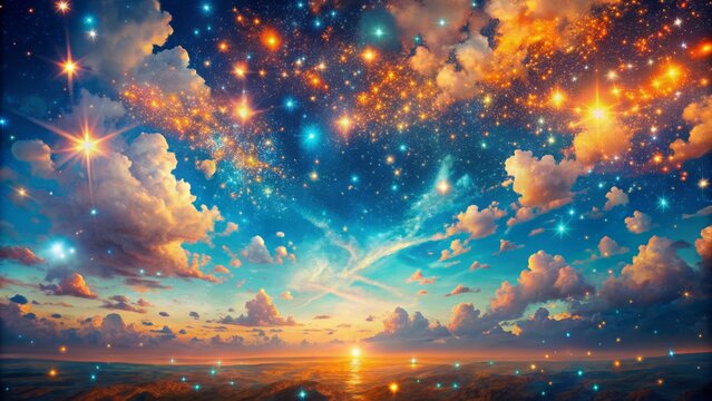 Dreamy, whimsical scene of blue and orange sky filled with sparkles, radiant and vibrant colors, ethereal ambiance, and celestial magic.