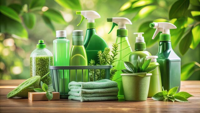 Eco-friendly cleaning product packaging features green containers and natural, biodegradable formulas for sustainable surface cleaning and disinfecting solutions.