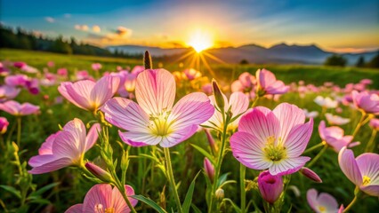 Vibrant pink evening primrose flowers bloom in a lush green meadow, bathed in warm golden light of a serene sunset.