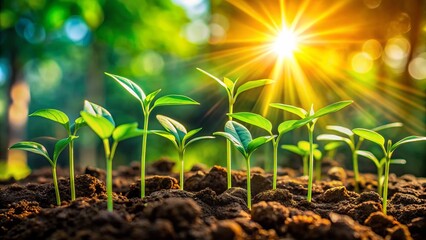 Vibrant green saplings and seedlings bask in warm sunlight, symbolizing nurturing nature, bright beginnings, and environmental care in serene surroundings.