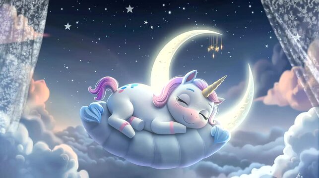 Cute unicorn sleeping on clouds with crescent moon in the sky. Seamless loop video background