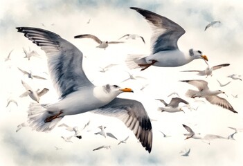 Obraz premium flying olated fly seagull watercolor seagulls drawn gull background bird hand sky white flock