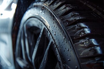 Close-up of tire tread with water droplets