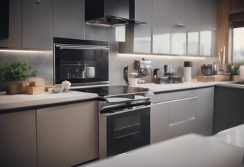 Fototapeta premium architecture voice appliance modern technology room domestic smart new device stove control nobody interior cyberspace luxurious furniture intelligence cooking contemporary kitchen comfortable screen