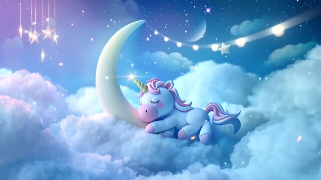 Cute baby unicorn sleeping soundly on clouds with crescent moon in the sky. Seamless loop video background