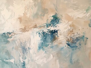 Naklejka premium A close-up view of an abstract painting featuring swirling blue and beige brushstrokes on a canvas