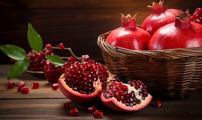 Ripe and juicy pomegranate in basket