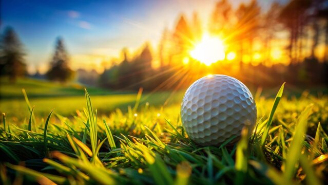 Lush green grass surrounds a lone golf ball, bathed in warm sunlight, with blurred background highlights creating a serene atmosphere.