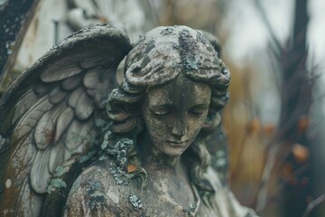 Close-up of stone angel statue with aging details