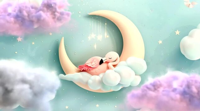 Cute flamingo sleeping soundly on clouds with crescent moon in the sky. Seamless loop video background