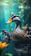 Fototapeta premium two ducks are in the water, one of them is a duckling.