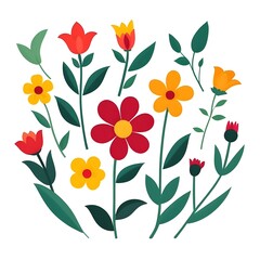 Colorful Floral Collection: A vibrant and cheerful collection of flat-style flower illustrations, featuring tulips, daisies, and other blooms in a variety of red, yellow, and orange hues
