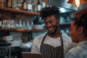 Smiling Barista Using Tablet in Cozy Cafe