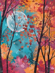 A full moon shines brightly in the night sky above a forest, silhouetting the bare branches of trees. The leaves are a vibrant mix of reds, oranges, and yellows