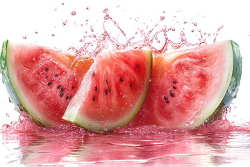 Slices of watermelon with a splash of red juice on a white background, watermelon splashing liquid in the style of decoration transparent 