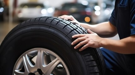 Fototapeta premium Mechanic Examining a Tire