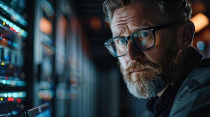 8K photography capturing a Chief Technology Officer with laptop in data center