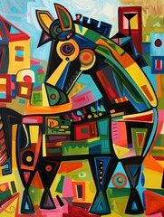 Obraz premium An abstract painting depicts a horse in a stylized form with vibrant colors and geometric shapes. The background features buildings and landscapes