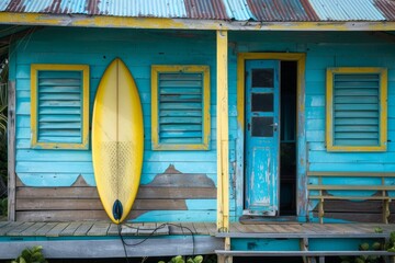 Blue wooden house with two surfboards in front of it