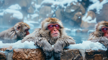 Snow Monkeys Relaxing in Hot Springs