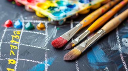 Artist's calendar with deadlines and event dates next to paintbrushes and canvas